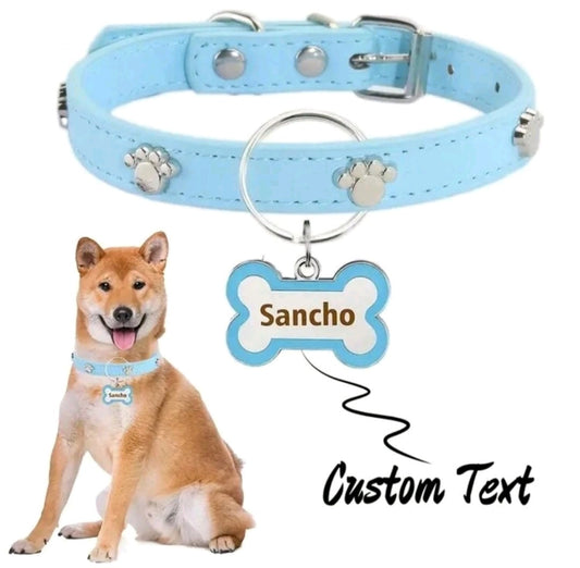 Customized leather dog collar with bone tag